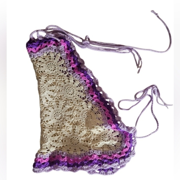 Handmade White Crochet Halter Crop-Top Floral Hand Knit Triangular Shape Purple - Picture 12 of 17